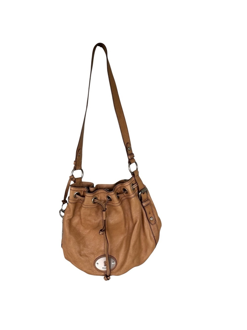 Fossil Maddox Drawstring Bucket Shoulder Leather Purse Bag Tan Crossbody